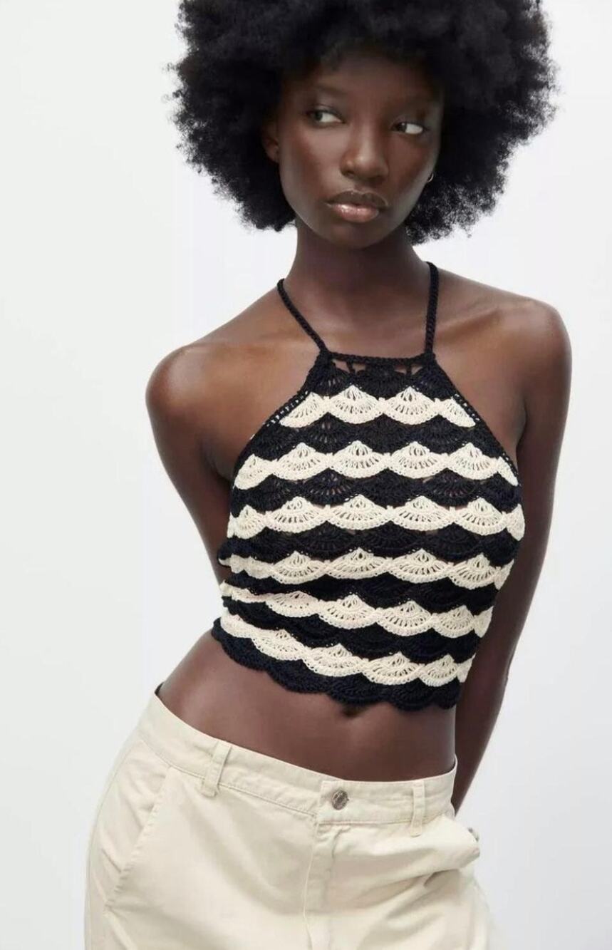 Zara Black and Cream Crochet Halter Scallop Knit Top Size Small NWT